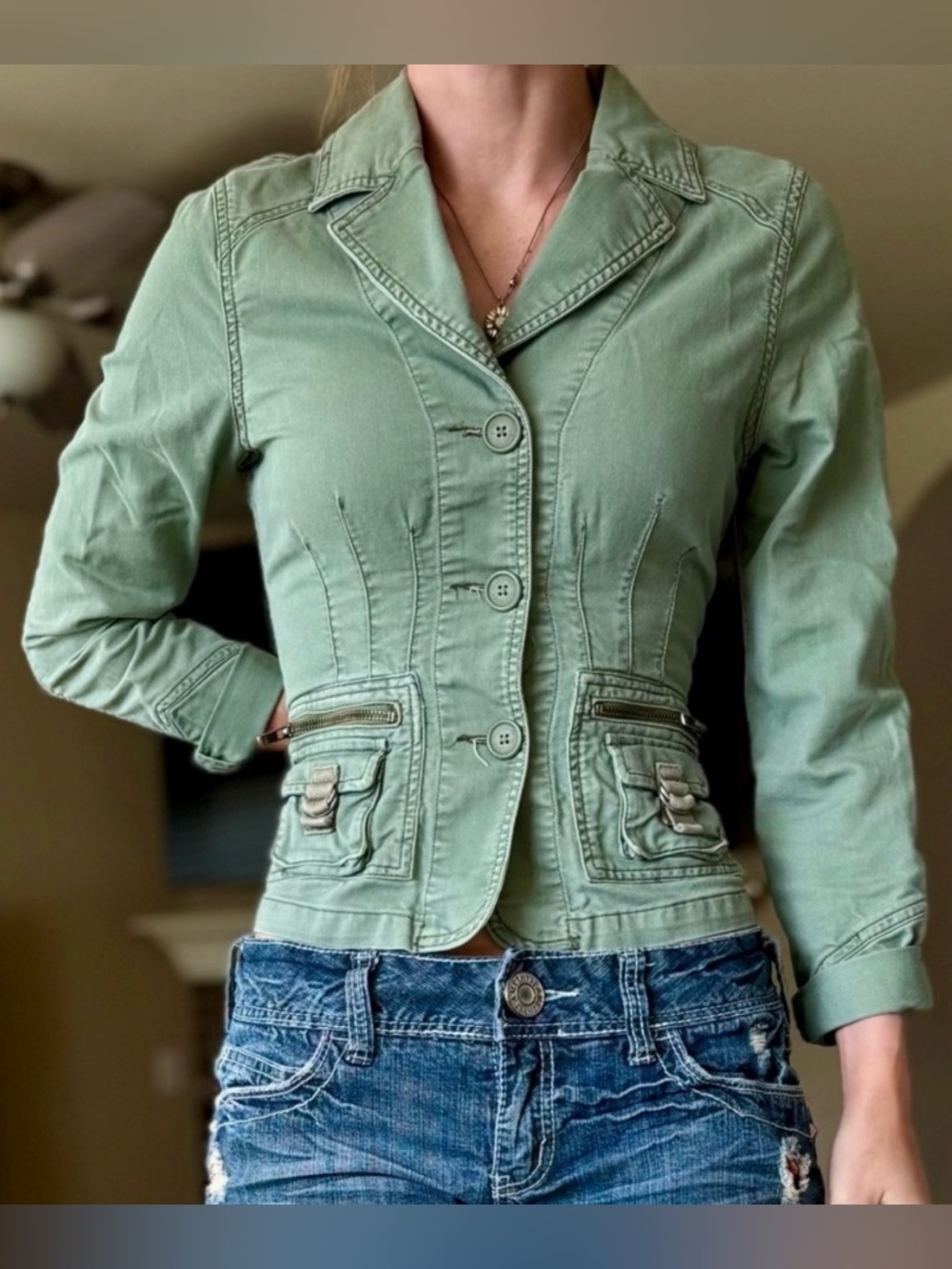 Vintage 90s Old Navy Cropped Fitted Cargo Jacket S Sage Green